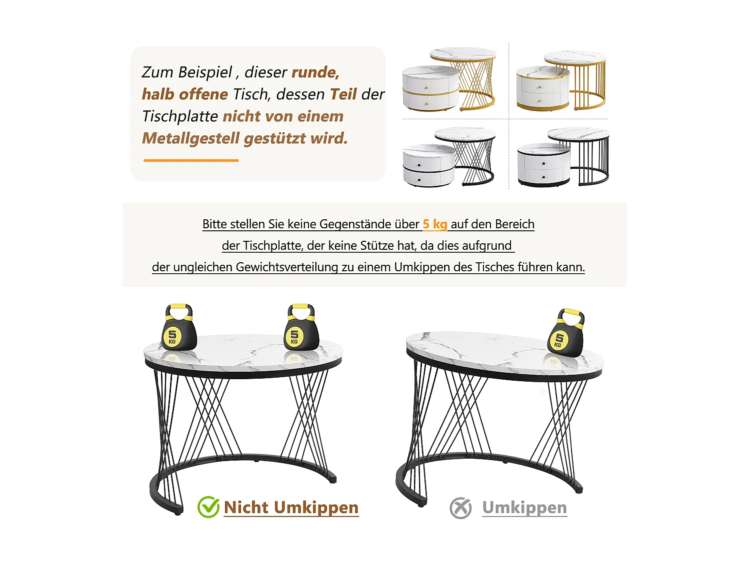 Set van 2 in elkaar schuivende salontafels met 2 laden - 60 x 60 x 45,5 cm + 50 x 50 x 32 cm - Glanzende marmerlook - MDF - Goud en wit