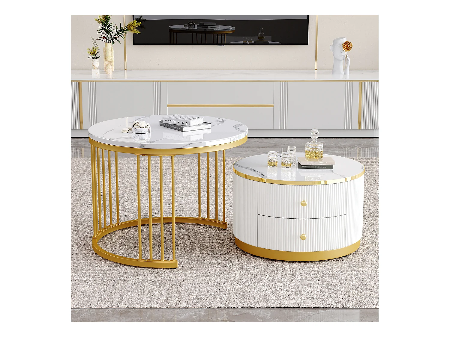Lot de 2 tables basses gigognes avec 2 tiroirs - 60 x 60 x 45.5 cm + 50 x 50 x 32 cm -  Aspect marbre brillant - MDF - Or et blanc