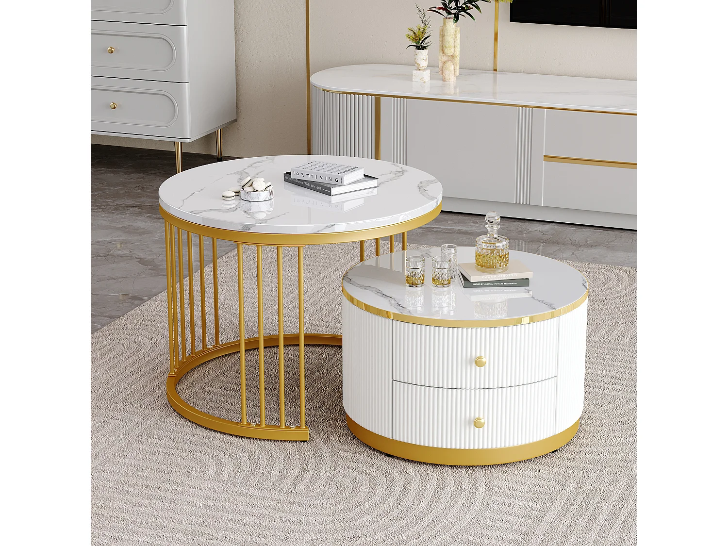 Lot de 2 tables basses gigognes avec 2 tiroirs - 60 x 60 x 45.5 cm + 50 x 50 x 32 cm -  Aspect marbre brillant - MDF - Or et blanc