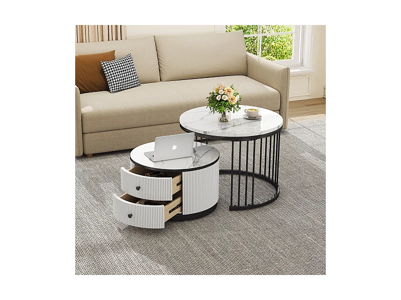 Set aus 2 zusammensetzbaren Couchtischen mit 2 Schubladen – 60 x 60 x 45,5 cm + 50 x 50 x 32 cm – glänzender Marmor-Look – MDF – Schwarz und Weiß