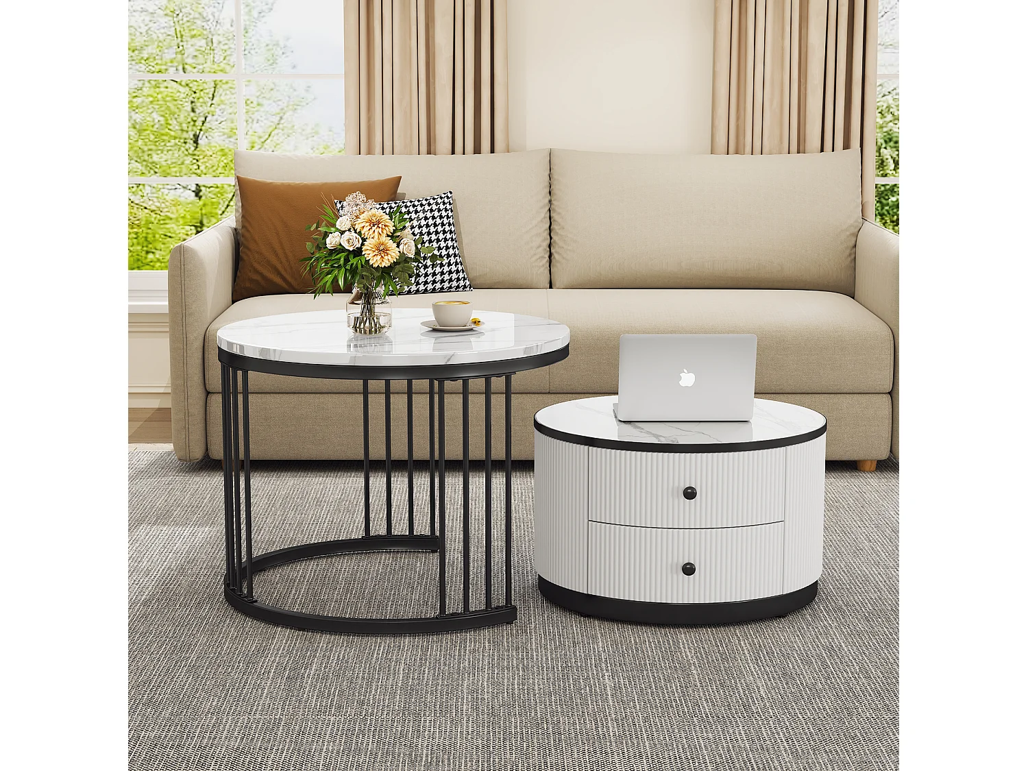 Set aus 2 zusammensetzbaren Couchtischen mit 2 Schubladen – 60 x 60 x 45,5 cm + 50 x 50 x 32 cm – glänzender Marmor-Look – MDF – Schwarz und Weiß