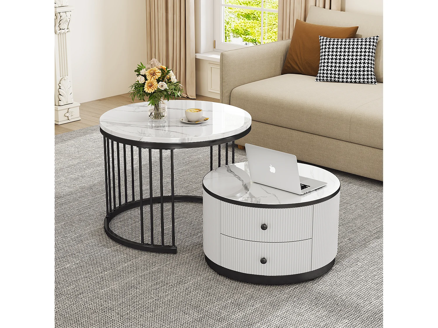 Set aus 2 zusammensetzbaren Couchtischen mit 2 Schubladen – 60 x 60 x 45,5 cm + 50 x 50 x 32 cm – glänzender Marmor-Look – MDF – Schwarz und Weiß