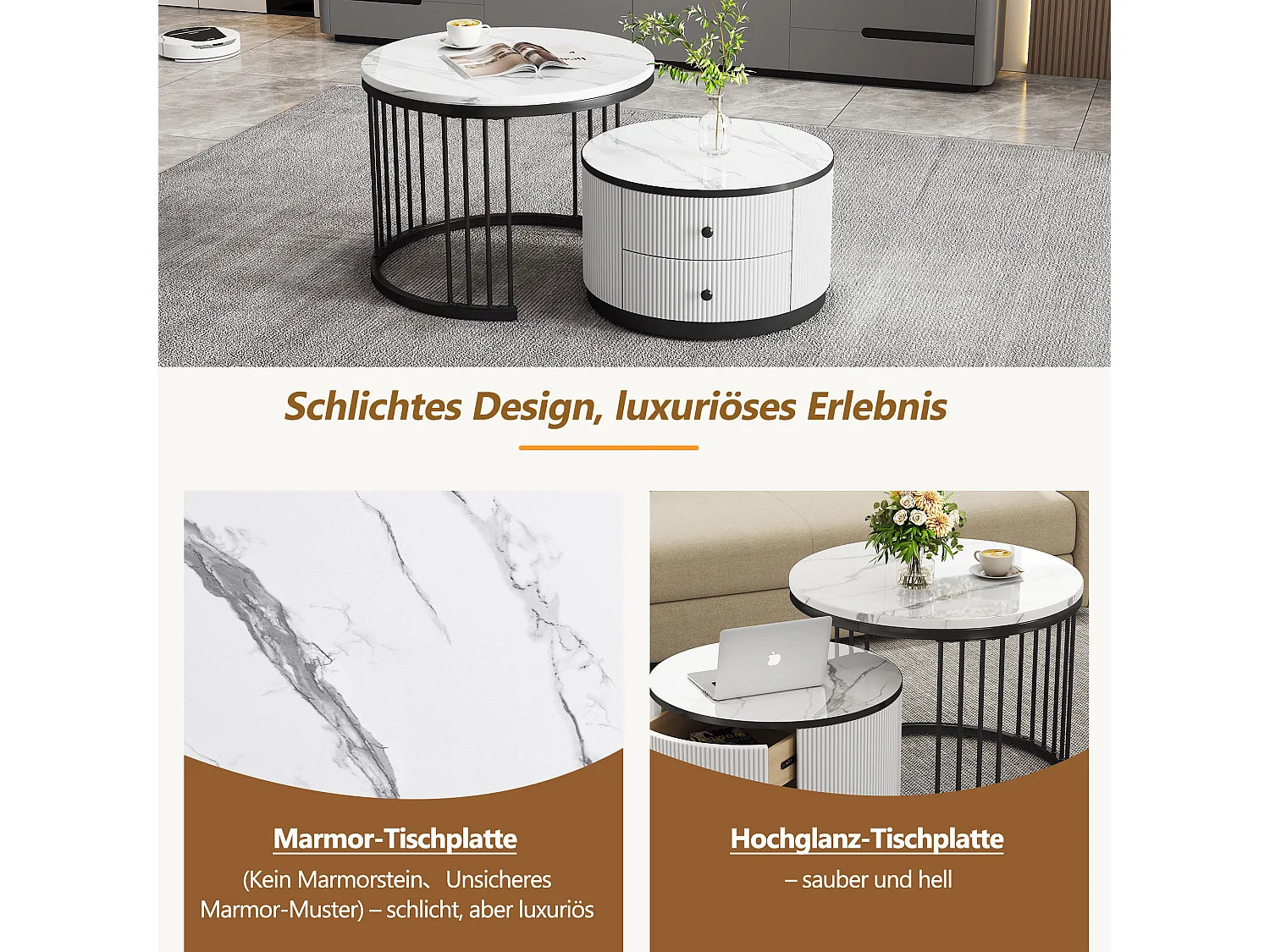 Set aus 2 zusammensetzbaren Couchtischen mit 2 Schubladen – 60 x 60 x 45,5 cm + 50 x 50 x 32 cm – glänzender Marmor-Look – MDF – Schwarz und Weiß