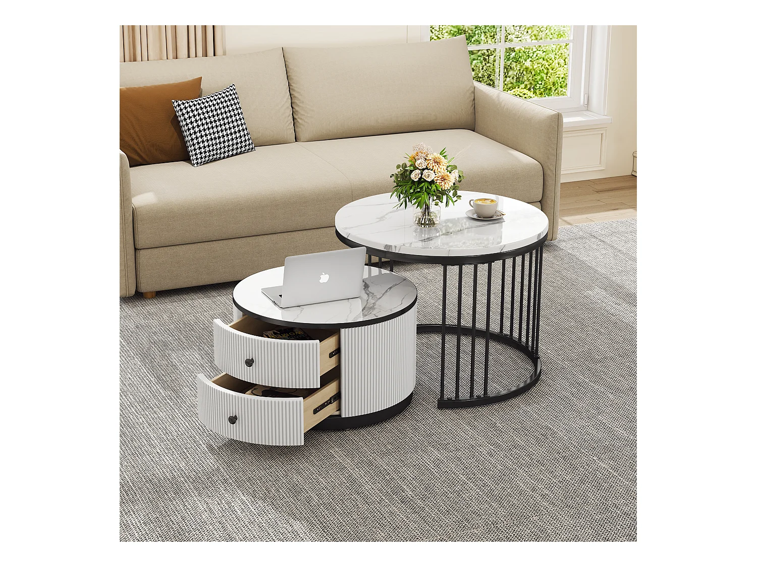 Lot de 2 tables basses gigognes avec 2 tiroirs - 60 x 60 x 45.5 cm + 50 x 50 x 32 cm -  Aspect marbre brillant - MDF - Noir et blanc