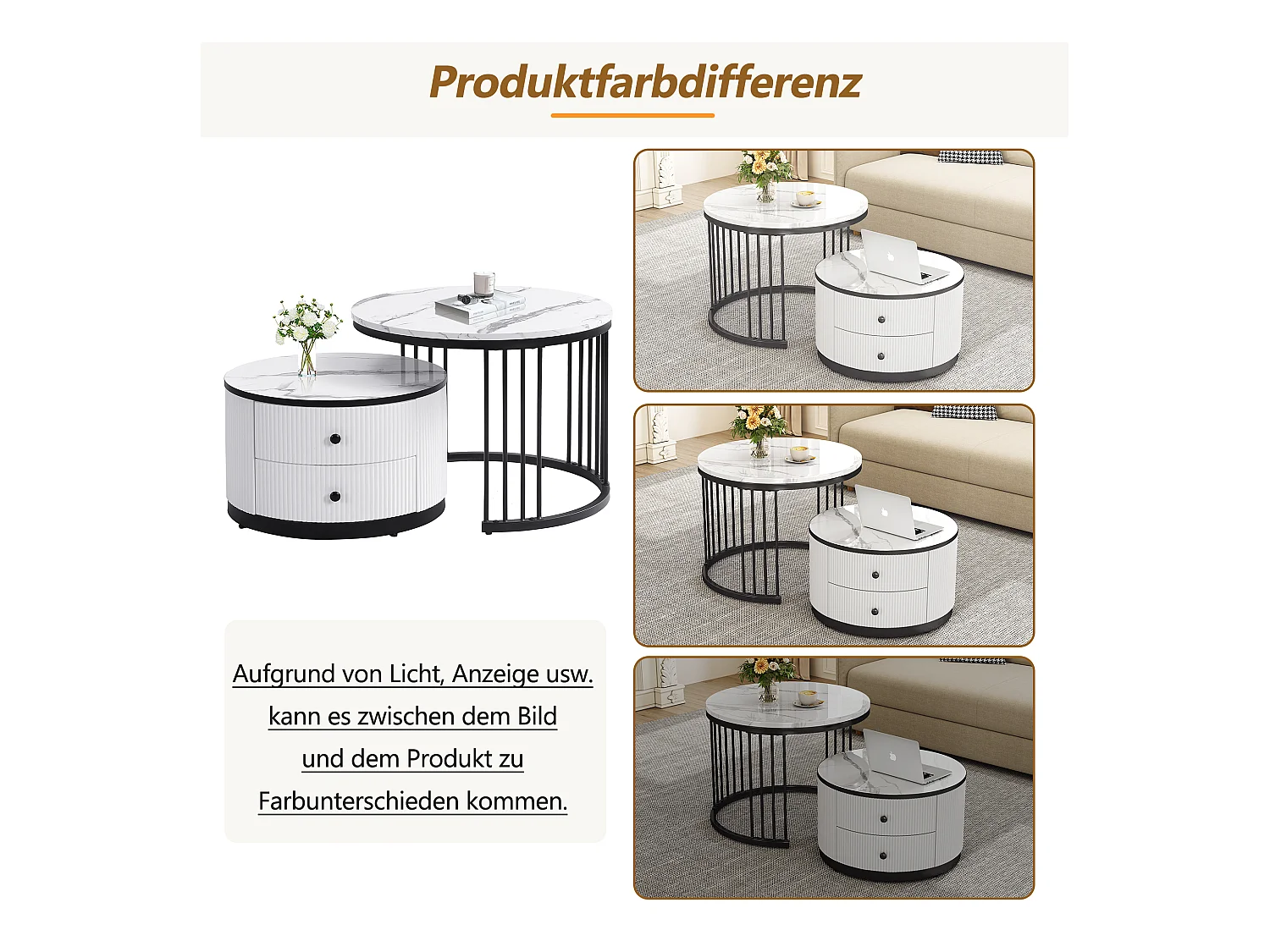 Set van 2 in elkaar schuivende salontafels met 2 laden - 60 x 60 x 45,5 cm + 50 x 50 x 32 cm - Glanzende marmerlook - MDF - Zwart en wit