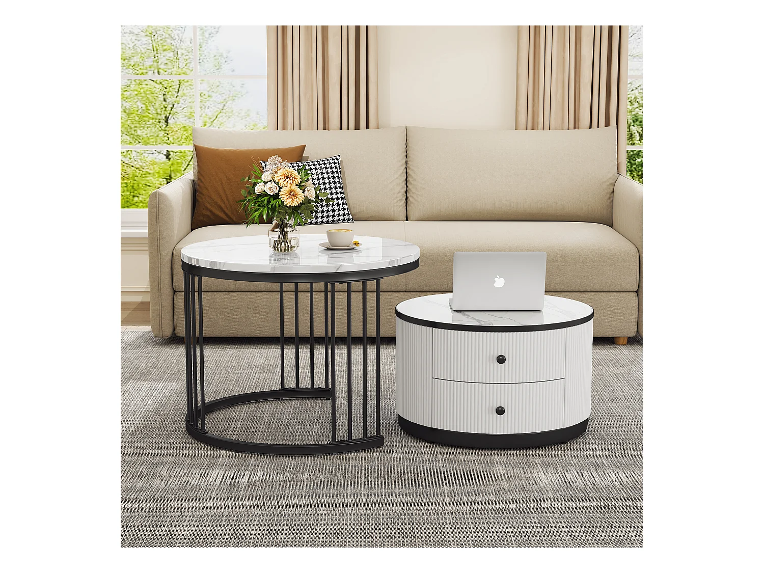 Set van 2 in elkaar schuivende salontafels met 2 laden - 60 x 60 x 45,5 cm + 50 x 50 x 32 cm - Glanzende marmerlook - MDF - Zwart en wit