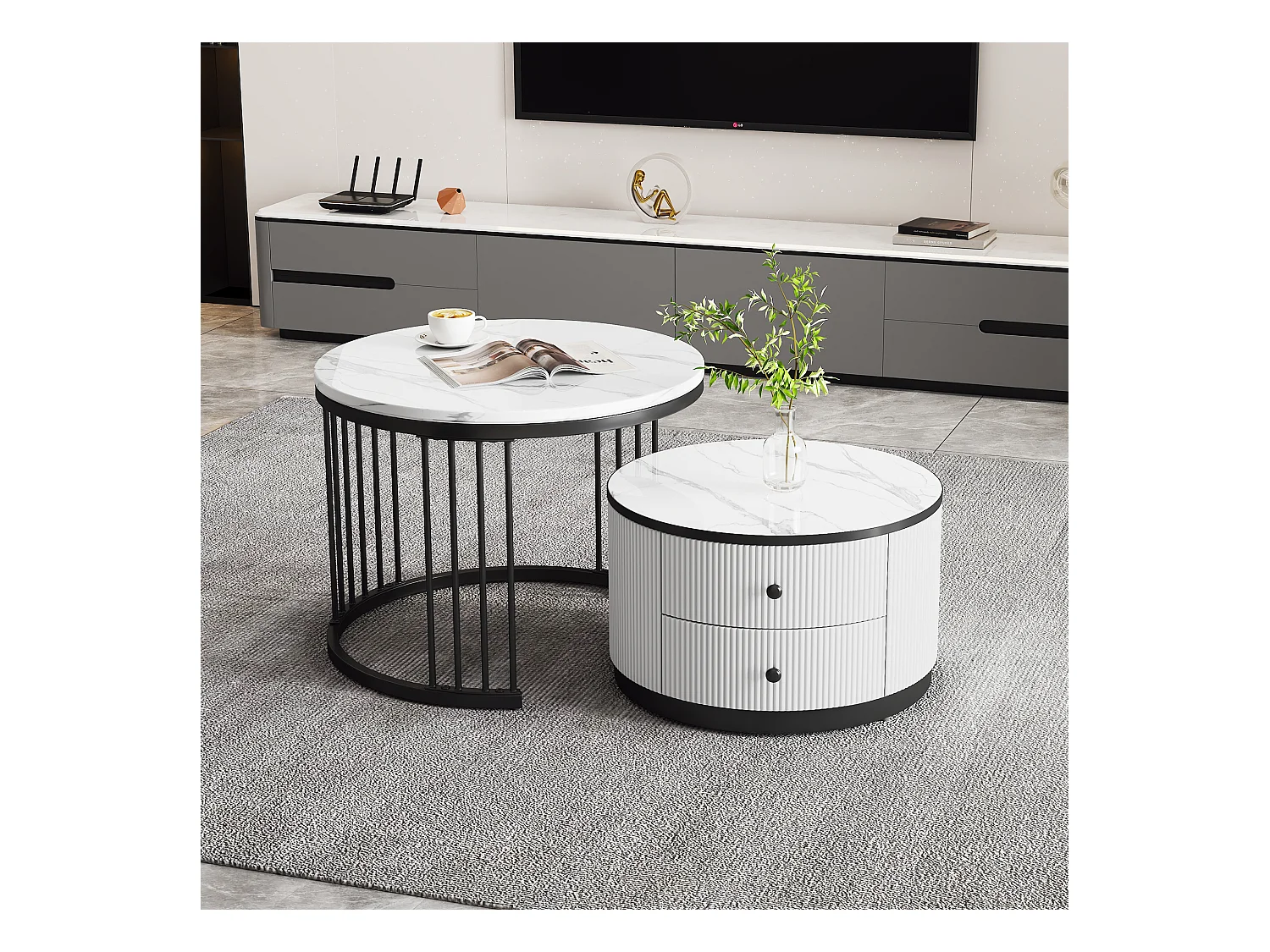 Set van 2 in elkaar schuivende salontafels met 2 laden - 60 x 60 x 45,5 cm + 50 x 50 x 32 cm - Glanzende marmerlook - MDF - Zwart en wit