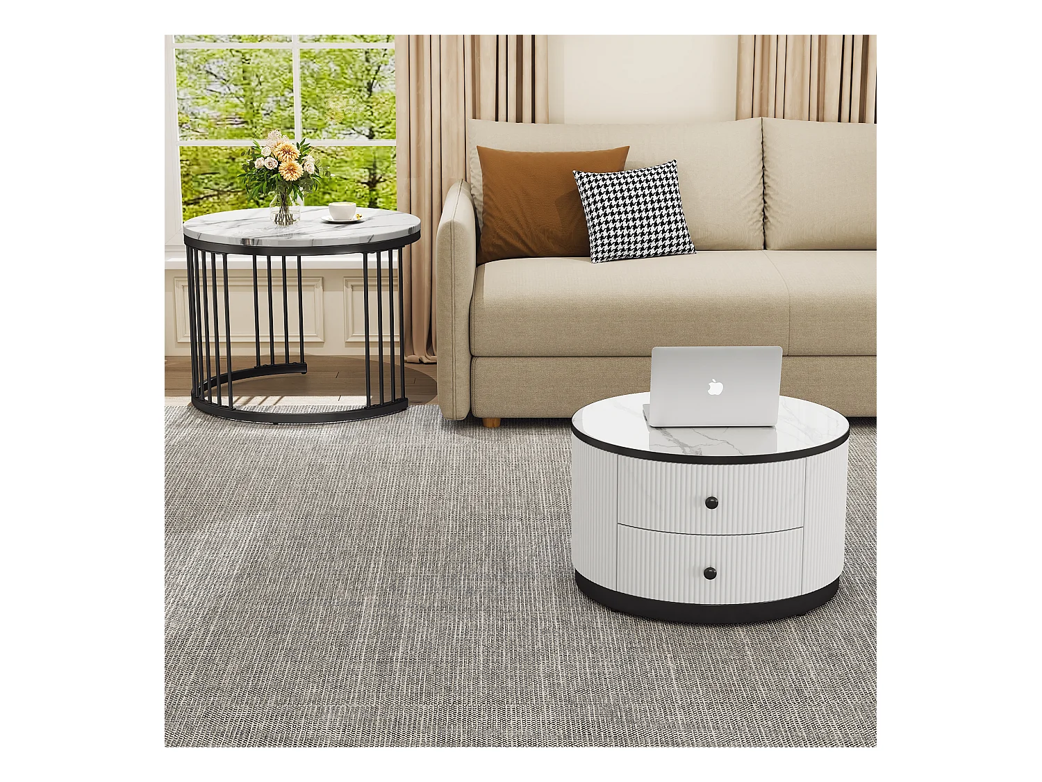 Set van 2 in elkaar schuivende salontafels met 2 laden - 60 x 60 x 45,5 cm + 50 x 50 x 32 cm - Glanzende marmerlook - MDF - Zwart en wit