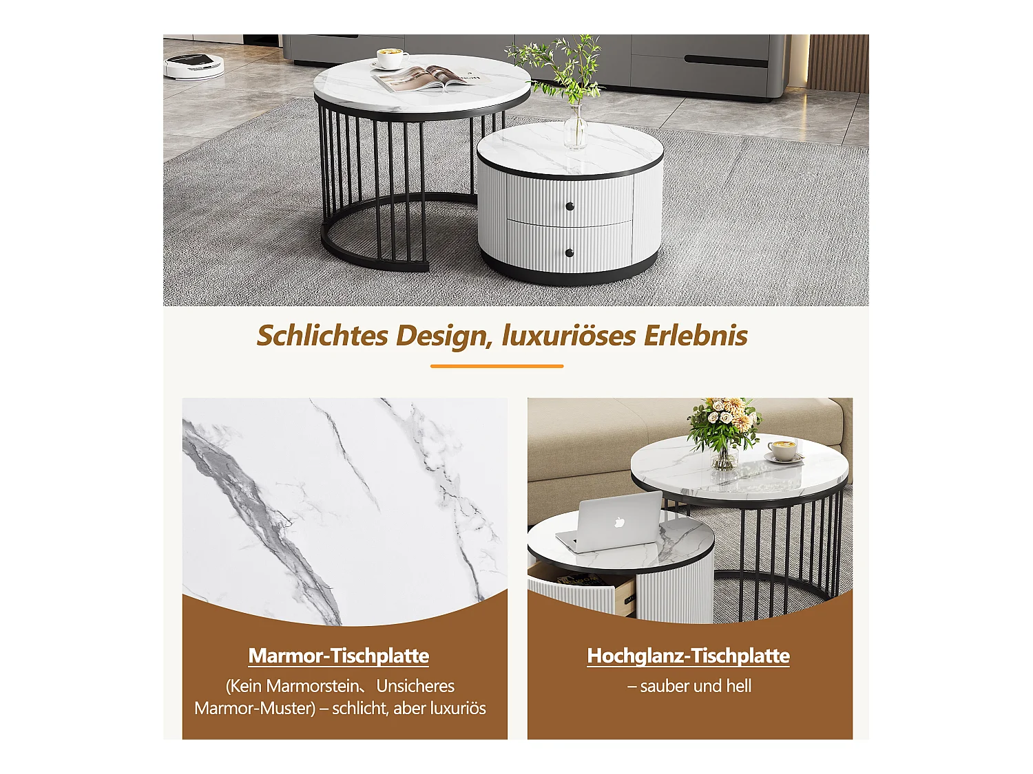 Set van 2 in elkaar schuivende salontafels met 2 laden - 60 x 60 x 45,5 cm + 50 x 50 x 32 cm - Glanzende marmerlook - MDF - Zwart en wit