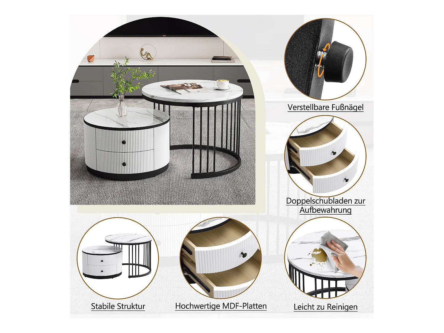 Set van 2 in elkaar schuivende salontafels met 2 laden - 60 x 60 x 45,5 cm + 50 x 50 x 32 cm - Glanzende marmerlook - MDF - Zwart en wit