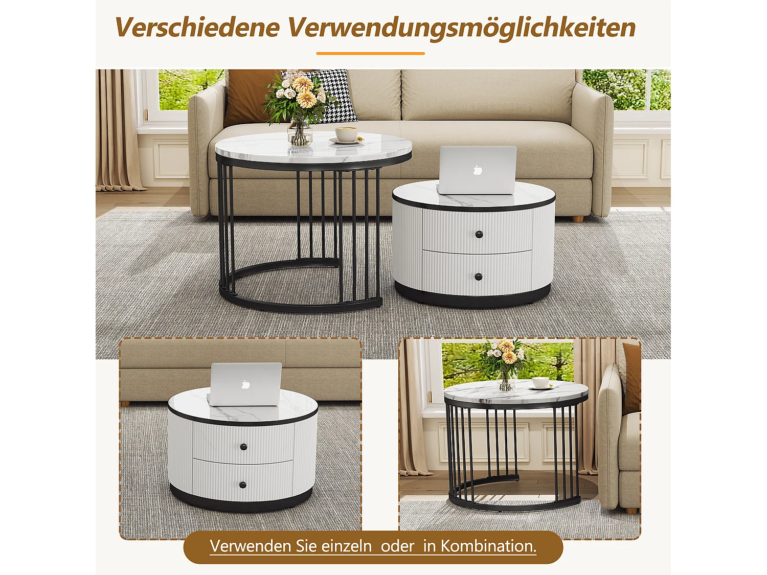 Lot de 2 tables basses gigognes avec 2 tiroirs - 60 x 60 x 45.5 cm + 50 x 50 x 32 cm -  Aspect marbre brillant - MDF - Noir et blanc