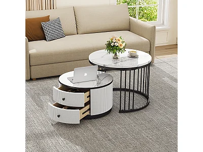 Set aus 2 zusammensetzbaren Couchtischen mit 2 Schubladen – 60 x 60 x 45,5 cm + 50 x 50 x 32 cm – glänzender Marmor-Look – MDF – Schwarz und Weiß