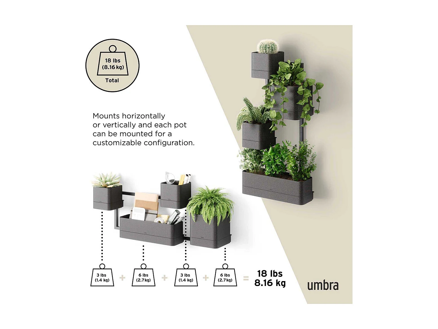 Pots à fleurs muraux Cubiko Noir  Umbra