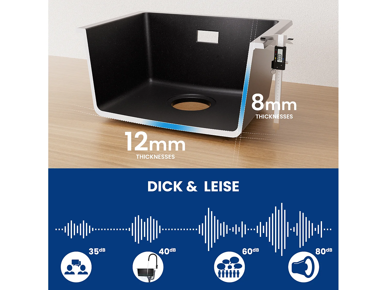 CECIPA MAX 1 spoelbak in kwarts en hars, aanrecht in zwartgrijs graniet, kwartsspoelbak 3 montagemogelijkheden, 40*44*20cm