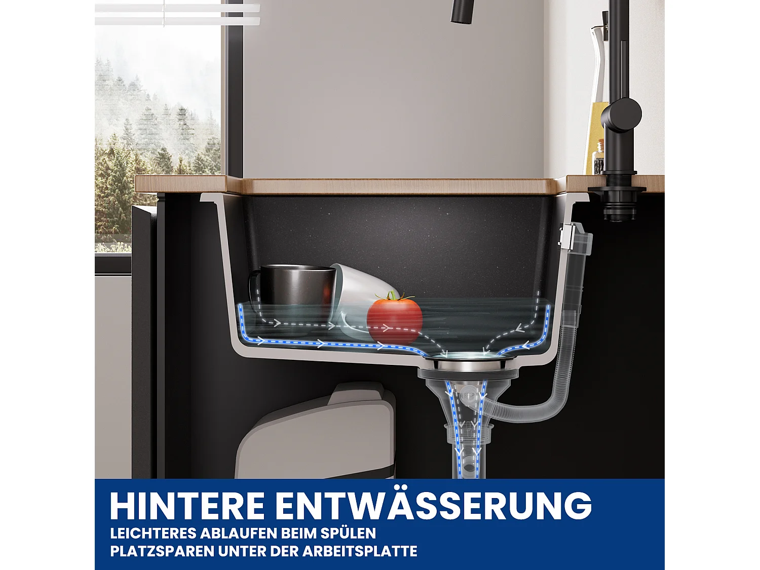 CECIPA MAX 1 spoelbak in kwarts en hars, aanrecht in zwartgrijs graniet, kwartsspoelbak 3 montagemogelijkheden, 40*44*20cm