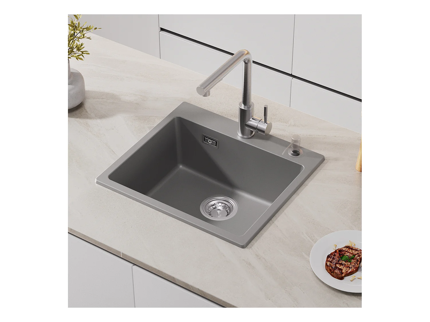Cecipa max Evier 1 Bac Gris 50x45cm Evier de Cuisine en Quartz et Résine Evier à Encastrer 1 cuve Sans Distributeur de Savon,EU Modèle
