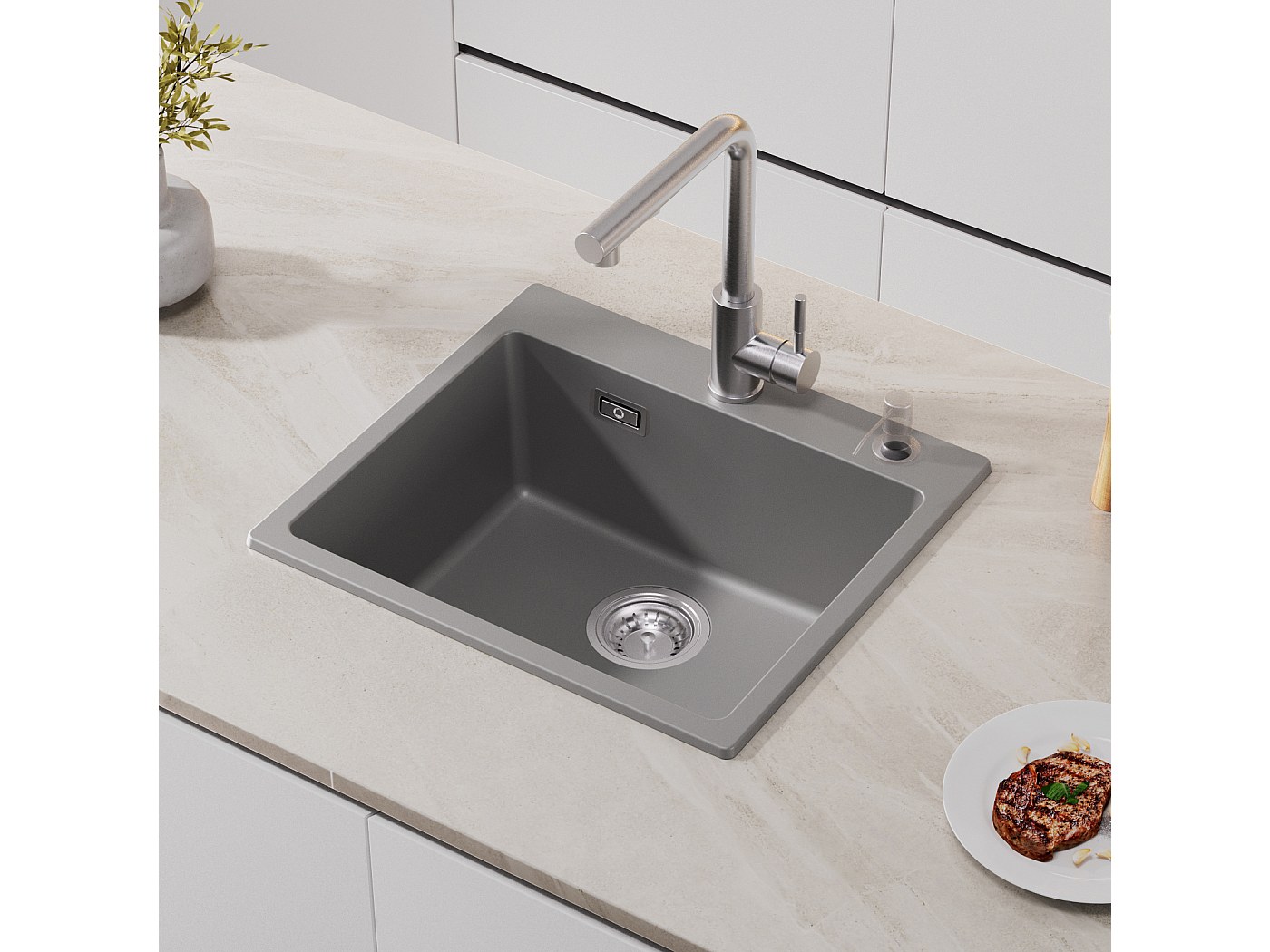 Spoelbak 50x45cm roestvrij staal spoelbak met sifon en overloop