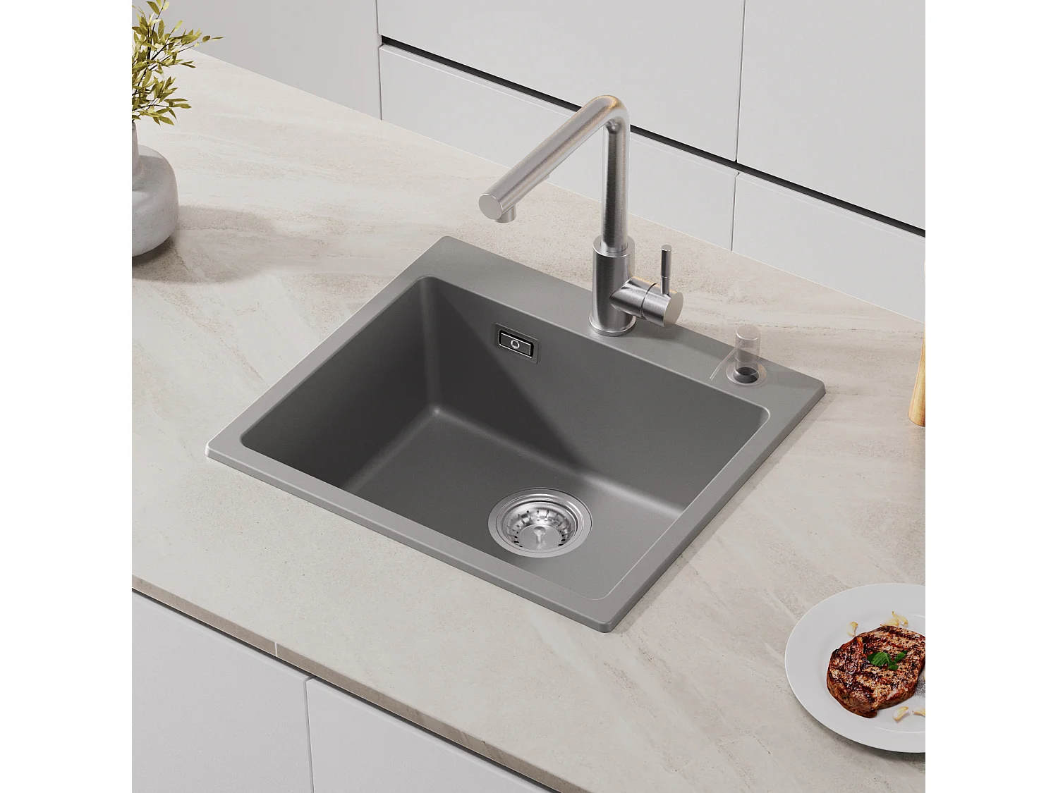 Cecipa max 1 bak grijze spoelbak 50x45cm kwarts en hars keukenspoelbak 1 bak inbouwspoelbak zonder zeepdispenser, EU-model