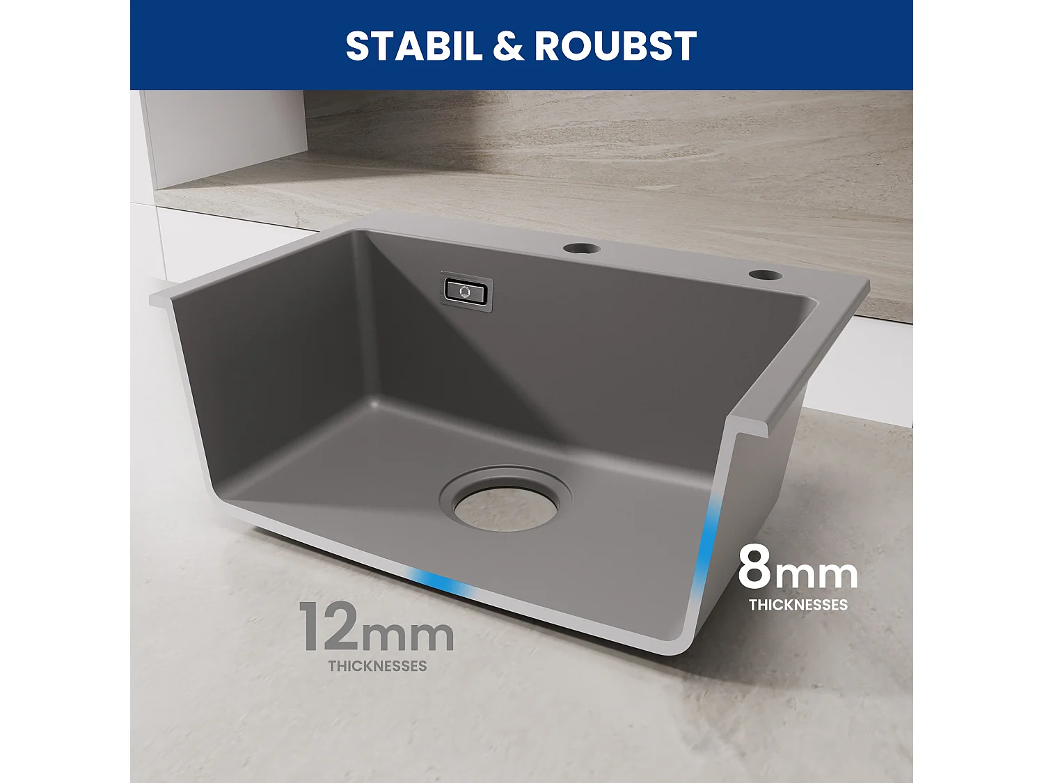 Cecipa max 1 bak grijze spoelbak 50x45cm kwarts en hars keukenspoelbak 1 bak inbouwspoelbak zonder zeepdispenser, EU-model