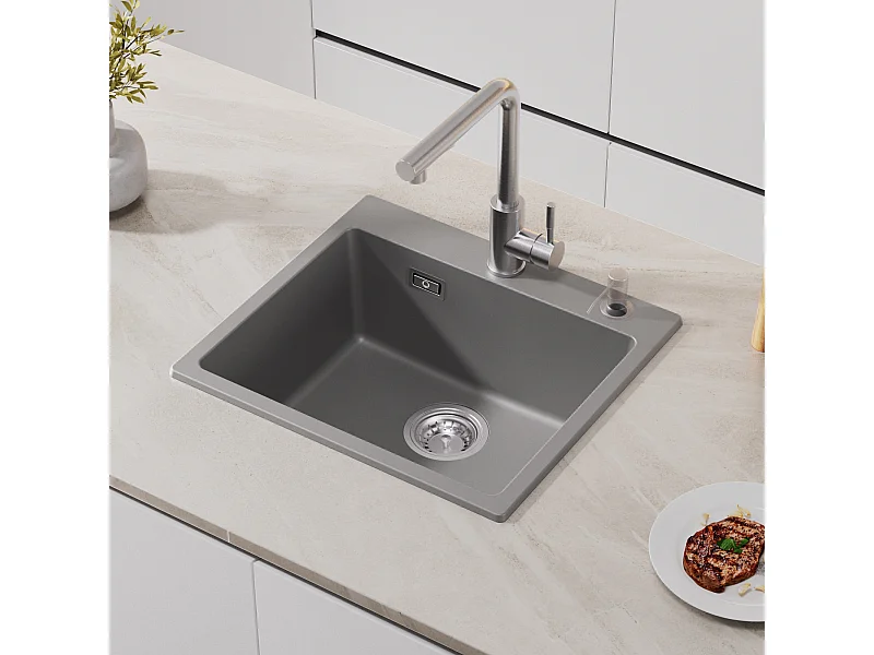 Cecipa max 1 bak grijze spoelbak 50x45cm kwarts en hars keukenspoelbak 1 bak inbouwspoelbak zonder zeepdispenser, EU-model