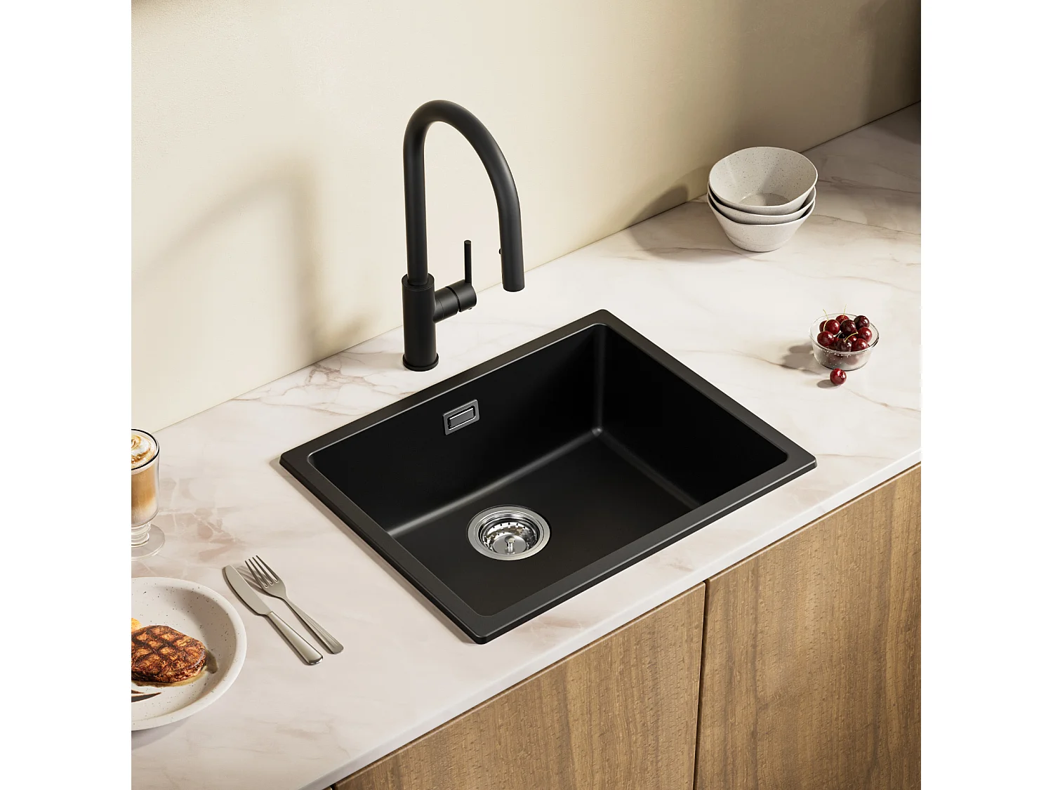 Fregadero de cuarzo y resina CECIPA MAX Fregadero de cocina negro gris 55x44 cm, 1 seno Fregadero sobre encimera/empotrado/bajo encimera