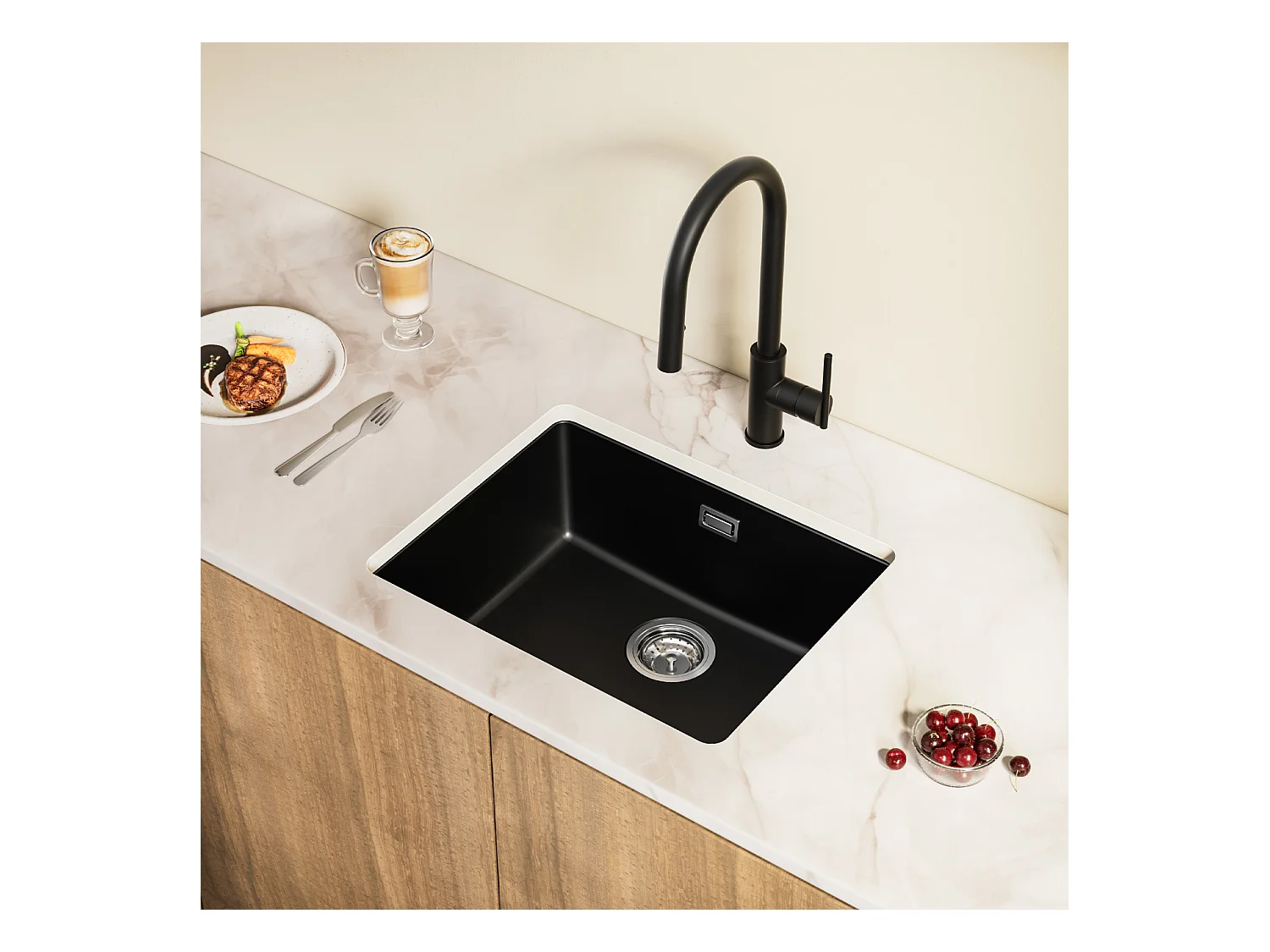 Lavello in Quarzo e Resina CECIPA MAX Lavello da Cucina Nero Grigio 55x44 cm, 1 vasca da appoggio/da incasso/sottotop