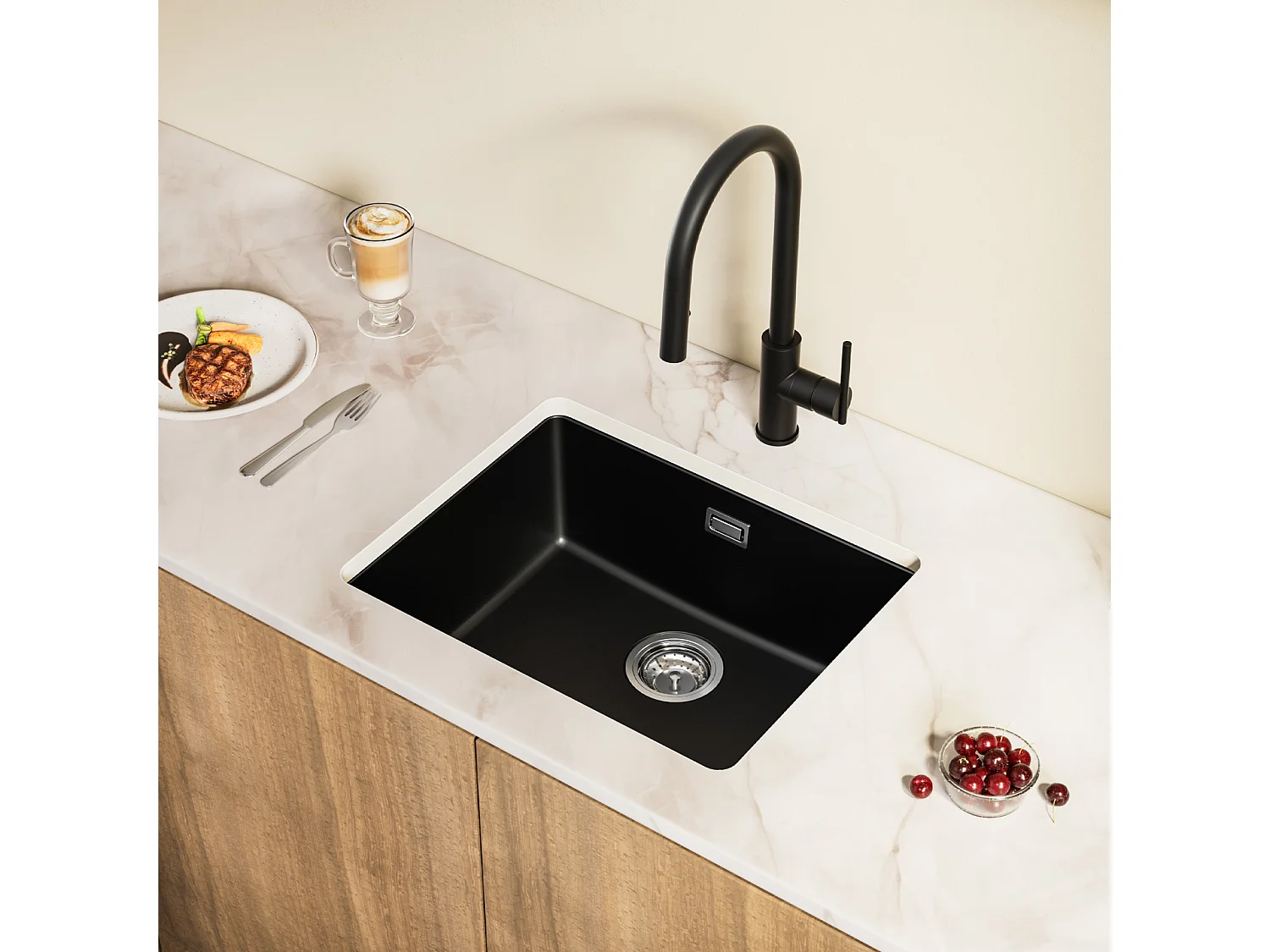 Fregadero de cuarzo y resina CECIPA MAX Fregadero de cocina negro gris 55x44 cm, 1 seno Fregadero sobre encimera/empotrado/bajo encimera