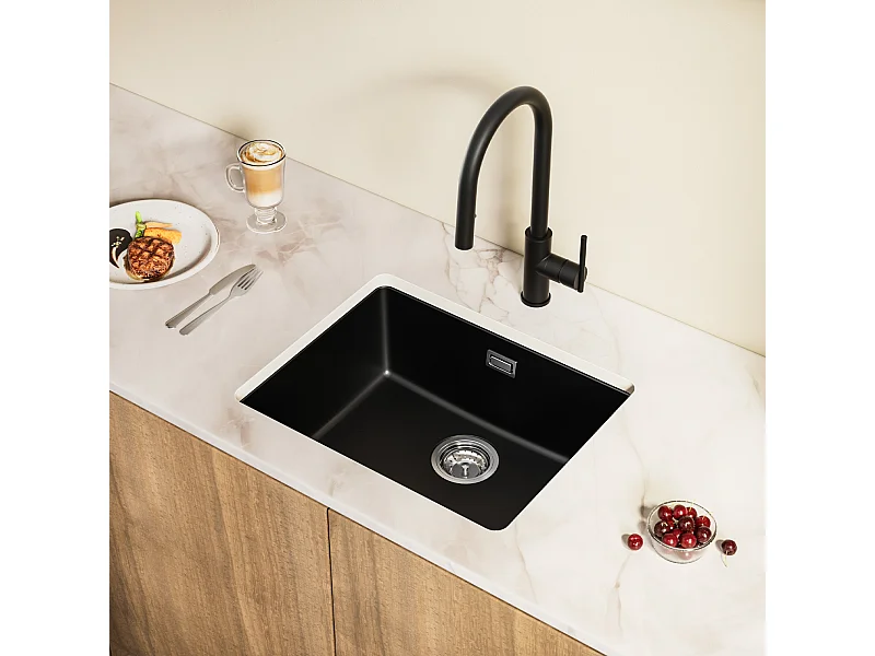 Fregadero de cuarzo y resina CECIPA MAX Fregadero de cocina negro gris 55x44 cm, 1 seno Fregadero sobre encimera/empotrado/bajo encimera