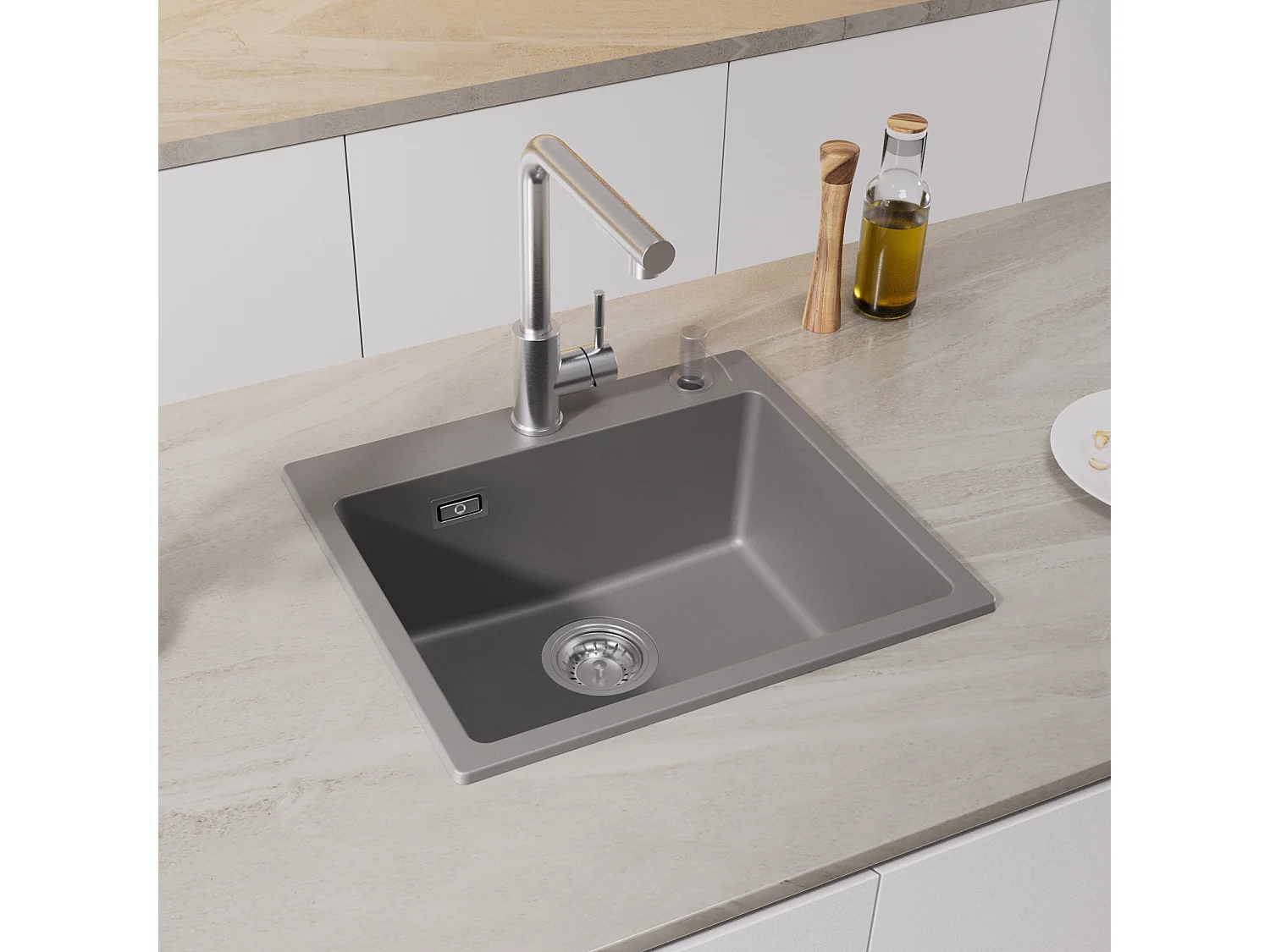 Grijze kwartsspoelbak 50x45cm Cecipa max 1 spoelbak Granieten spoelbak, 1 wastafel Ingebouwde spoelbak (zonder zeepdispenser), EU-model