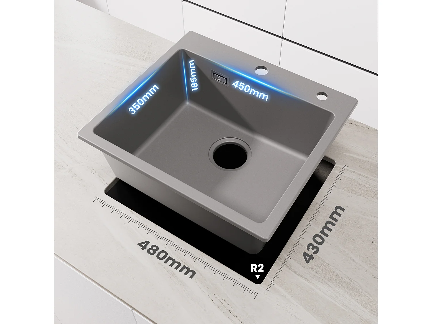 Grijze kwartsspoelbak 50x45cm Cecipa max 1 spoelbak Granieten spoelbak, 1 wastafel Ingebouwde spoelbak (zonder zeepdispenser), EU-model