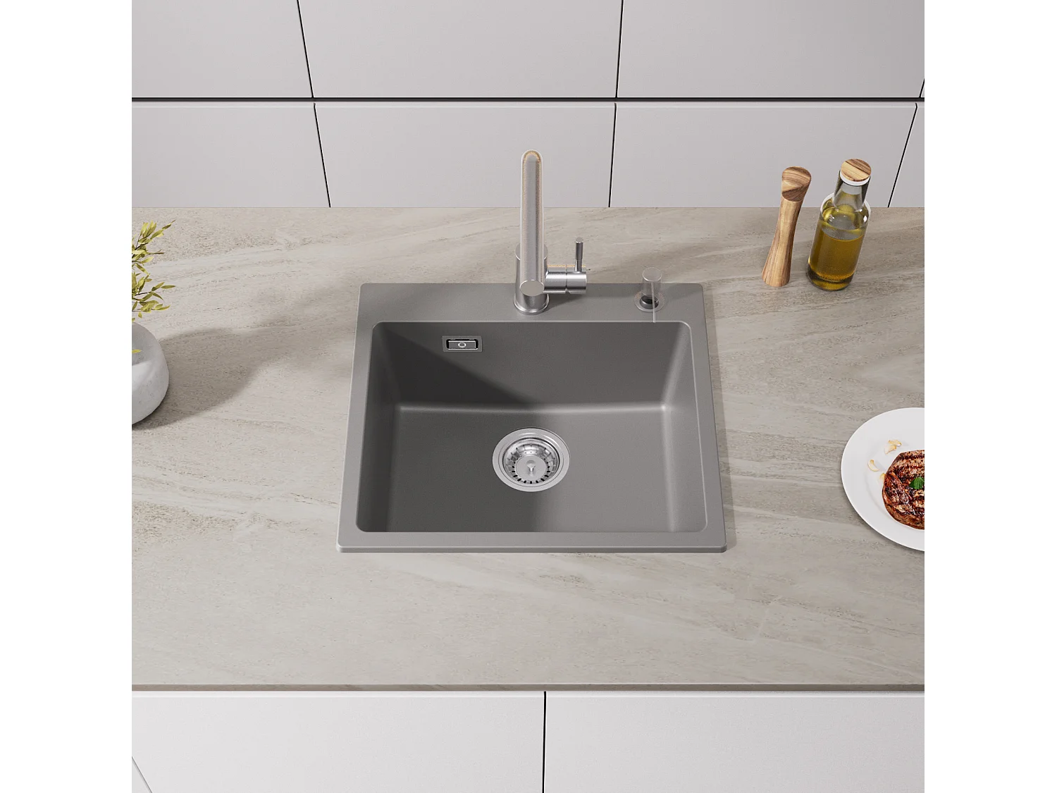 Grijze kwartsspoelbak 50x45cm Cecipa max 1 spoelbak Granieten spoelbak, 1 wastafel Ingebouwde spoelbak (zonder zeepdispenser), EU-model