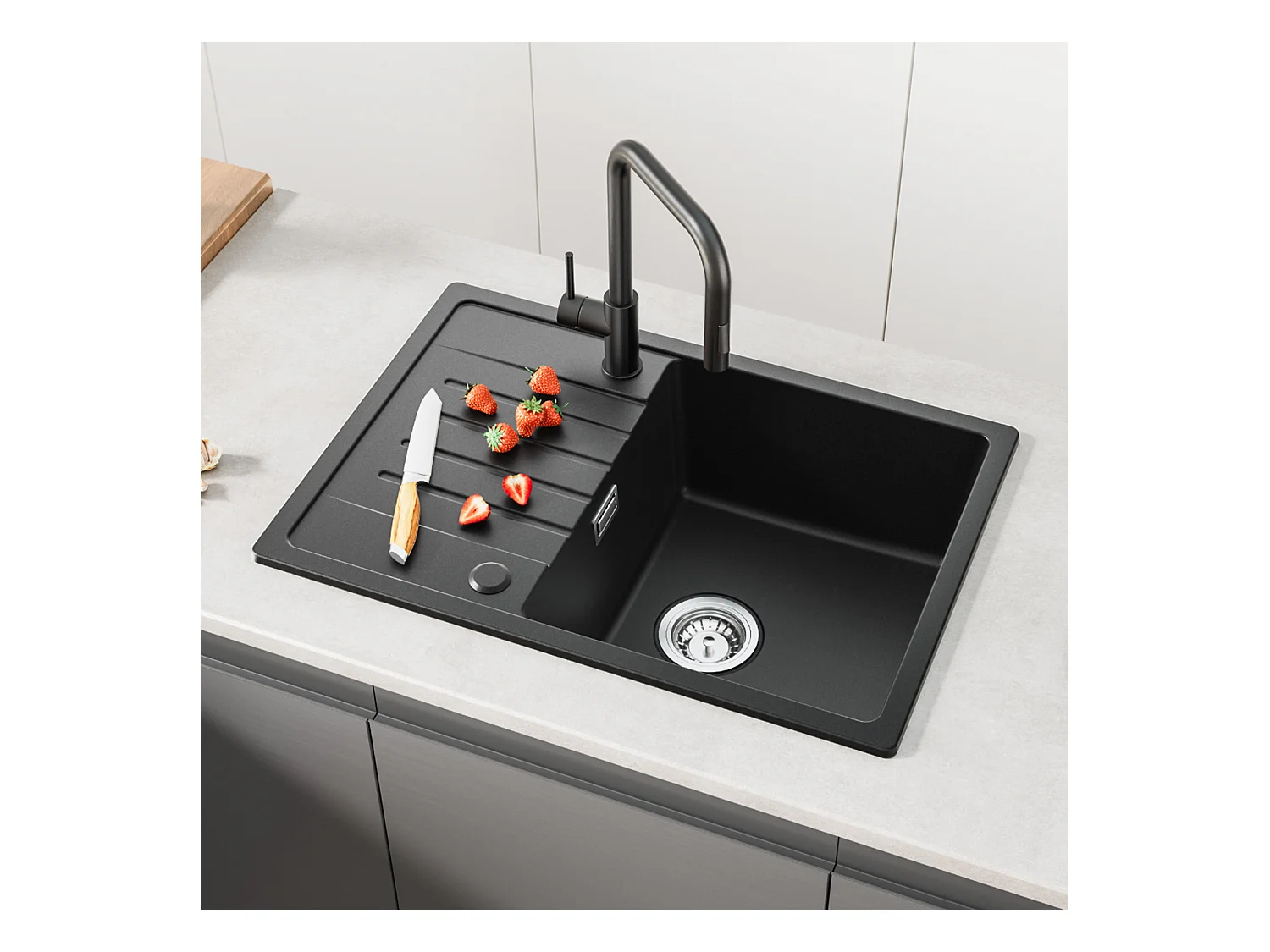 Cecipa max Evier 1 bac avec égouttoir - Evier à encastrer Quartz et résine - Evier de Cuisine avec étagère Noir (65 x 45 cm),EU Modèle
