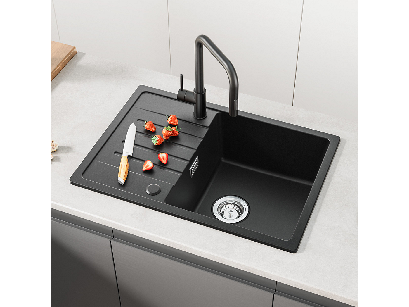 Cecipa max 1 spoelbak met afdruiprek - Inbouwspoelbak van kwarts en