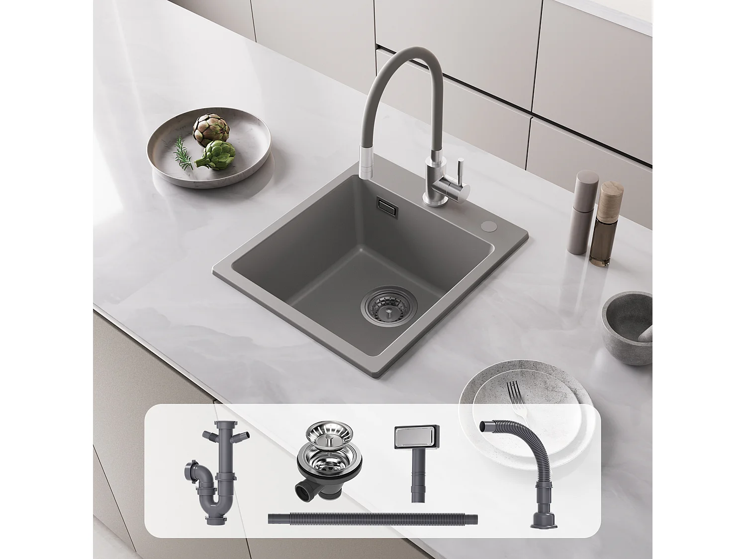 Cecipa max grijze kwartsspoelbak enkele bak kwartsspoelbak granieten keukenspoelbak, onderbouwspoelbak zonder zeepdispenser (40x45x20cm),EU-model