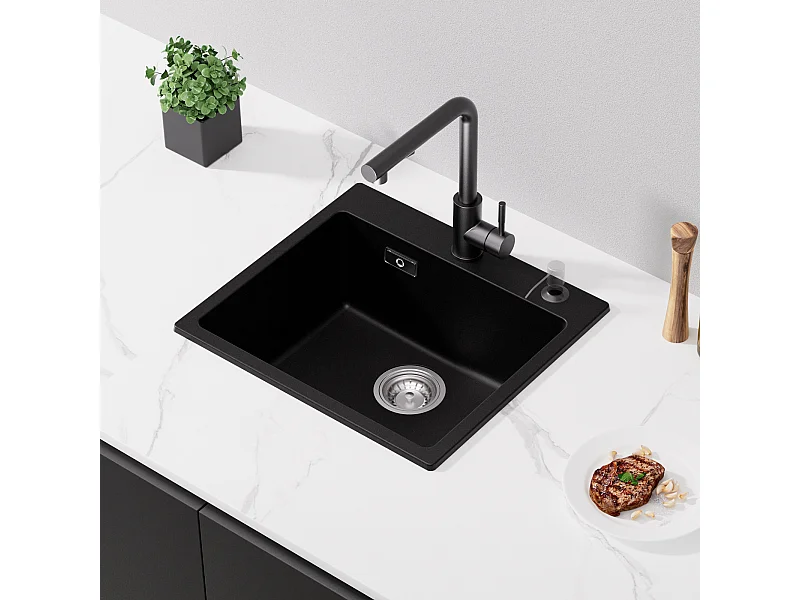 Cecipa max Evier 1 Bac 50x45cm Evier de Cuisine en Quartz et Résine Evier à Encastrer 1 cuve Sans Distributeur de Savon,EU Modèle