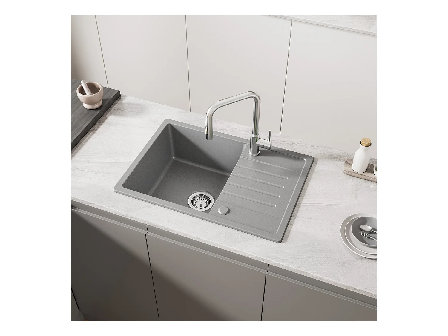 Cecipa max Evier 1 bac avec égouttoir - Evier à encastrer Quartz et résine - Evier de Cuisine avec étagère Gris (65 x 45 cm),EU Modèle