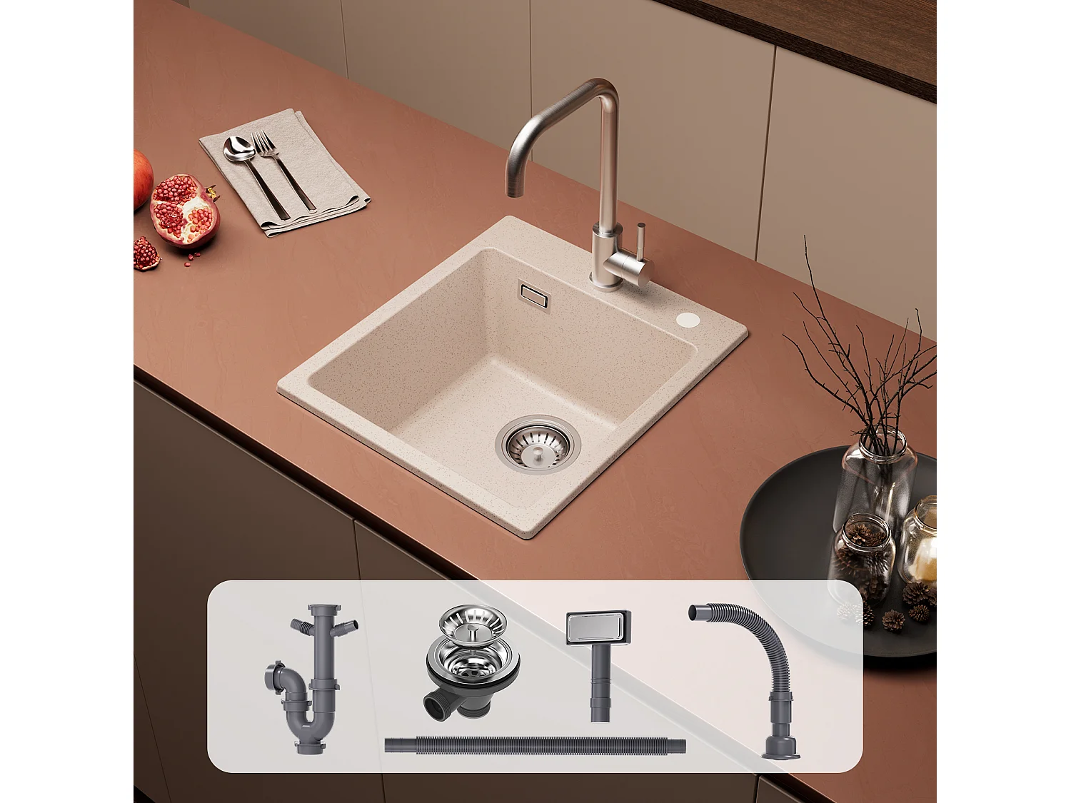 Cecipa max 40x45cm Evier Quartz Couleur Avoine Evier 1 Bac en Quartz et Résine Evier de Cuisine Evier à Encastrer 1 Vasque,EU Modèle