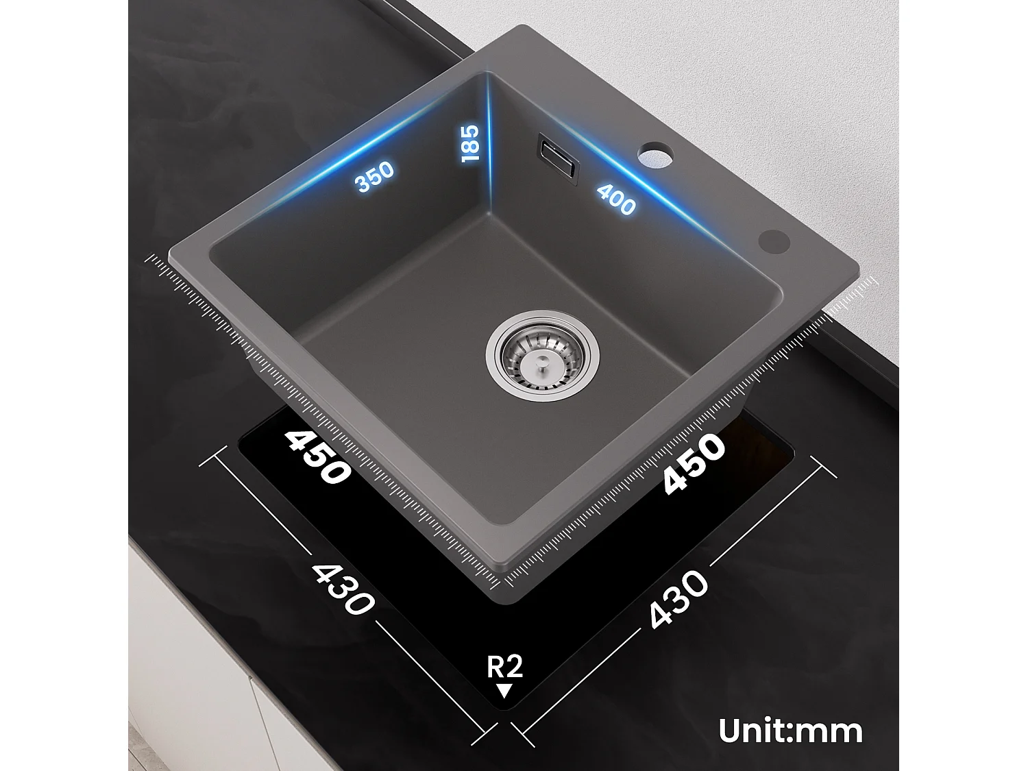 45 x 45 cm Cecipa max Graues Quarzspülbecken Einzelbecken Quarz- und Kunstharz-Küchenspüle Unterbauspüle 1 Becken, EU-Modell