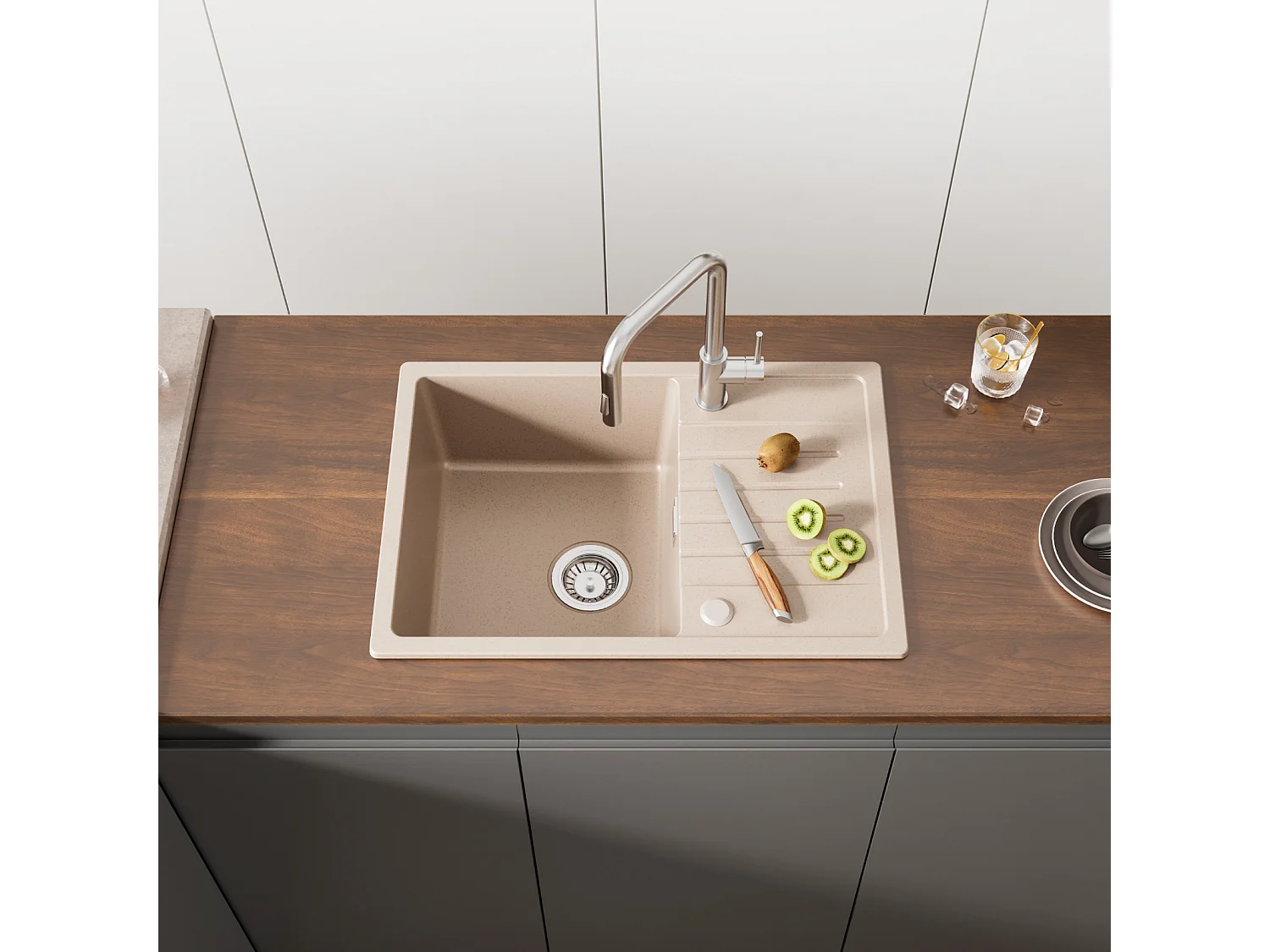 Cecipa max Evier 1 bac avec égouttoir - Evier à encastrer Quartz et résine - Evier de Cuisine avec étagère 65 x 45 cm (Couleur avoine),EU Modèle