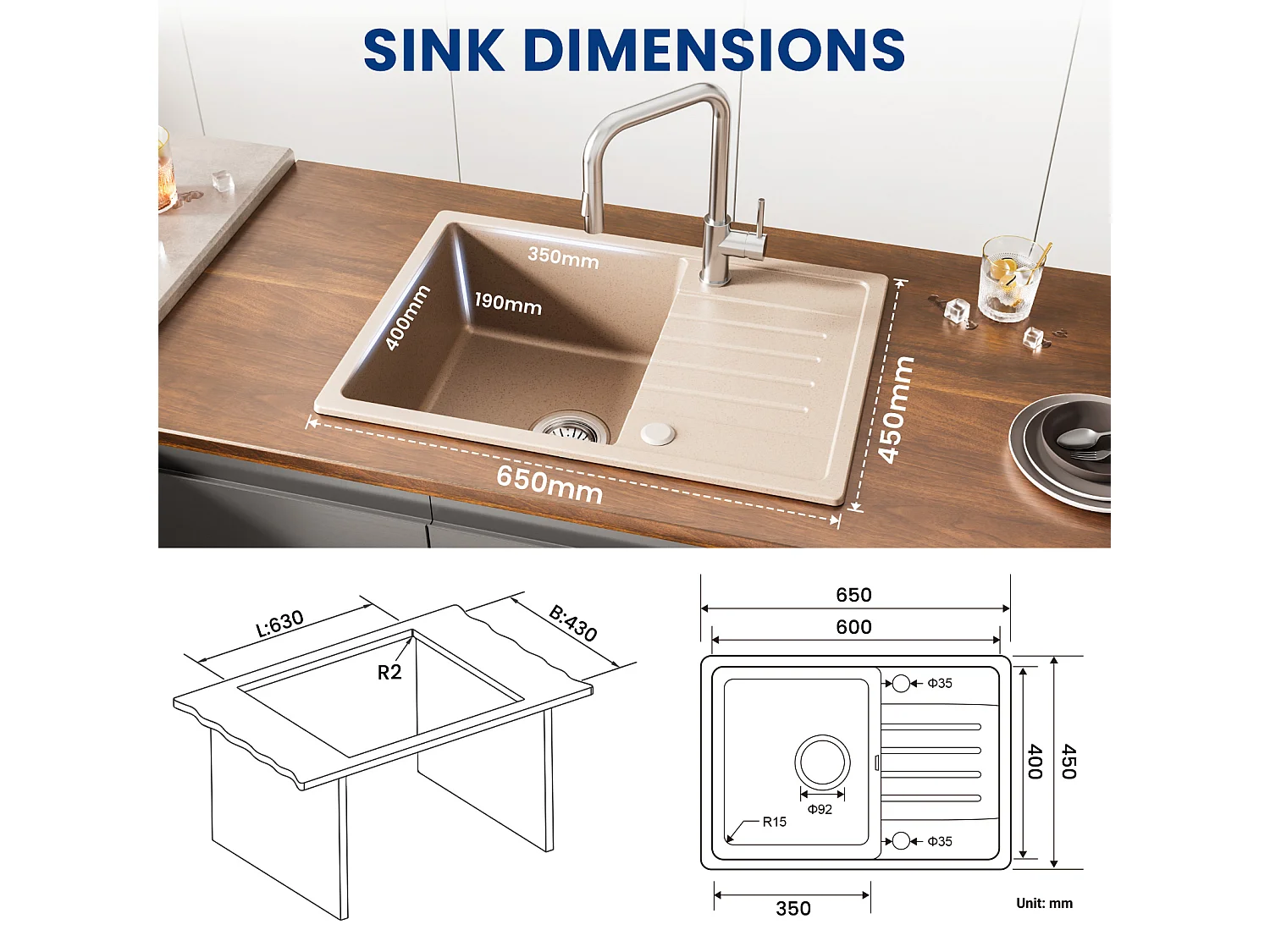 Cecipa max Evier 1 bac avec égouttoir - Evier à encastrer Quartz et résine - Evier de Cuisine avec étagère 65 x 45 cm (Couleur avoine),EU Modèle