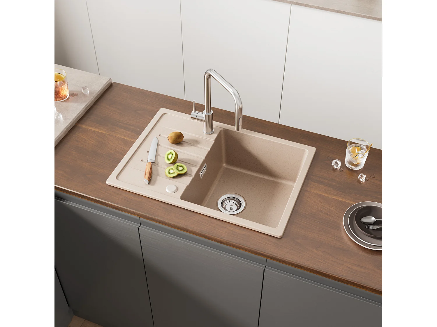 Cecipa max Evier 1 bac avec égouttoir - Evier à encastrer Quartz et résine - Evier de Cuisine avec étagère 65 x 45 cm (Couleur avoine),EU Modèle