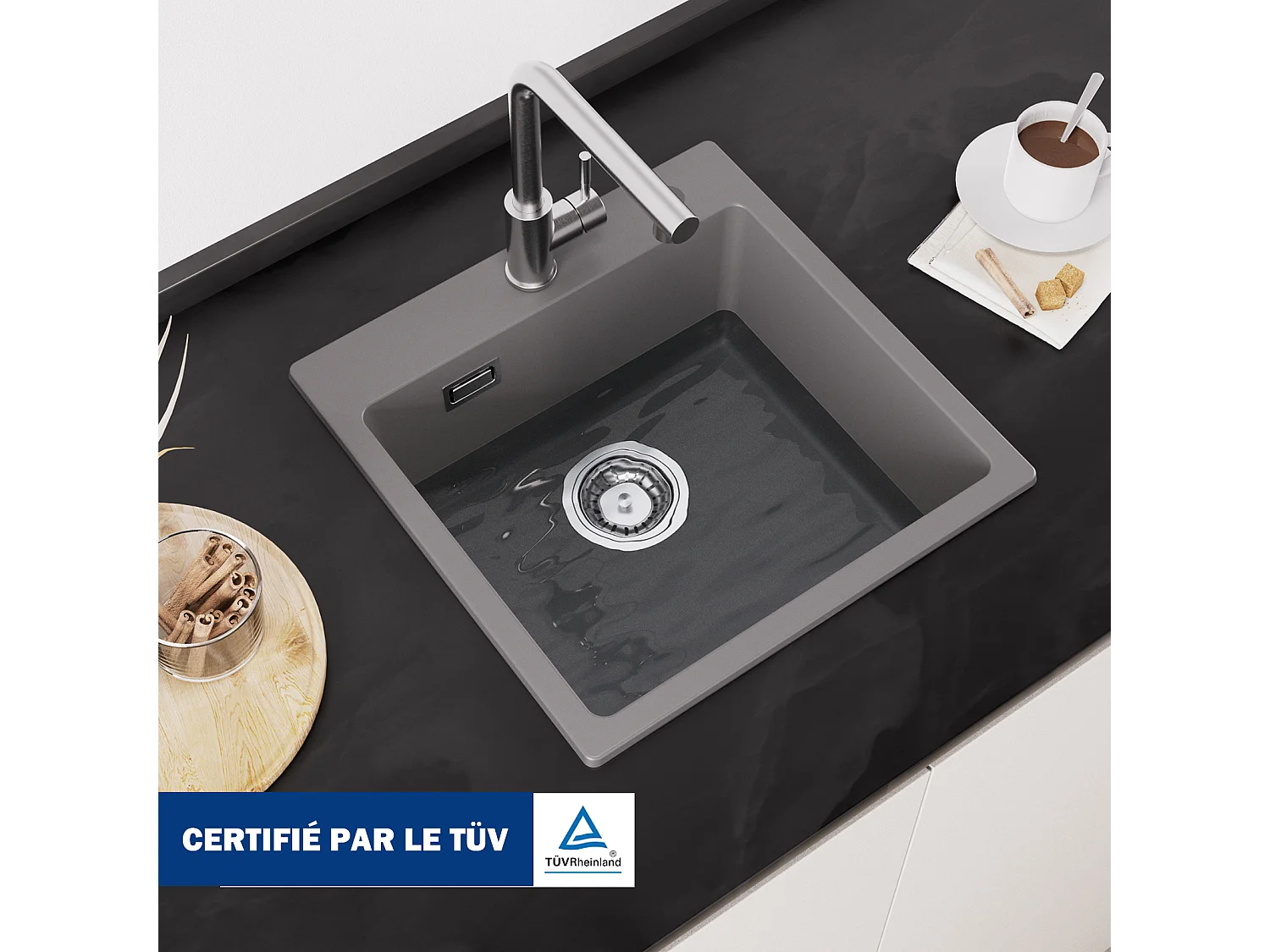 Cecipa max Gris Evier 1 Bac en Quartz et Résine Evier de Cuisine 45x45cm Evier à Encastrer 1 cuve,EU Modèle