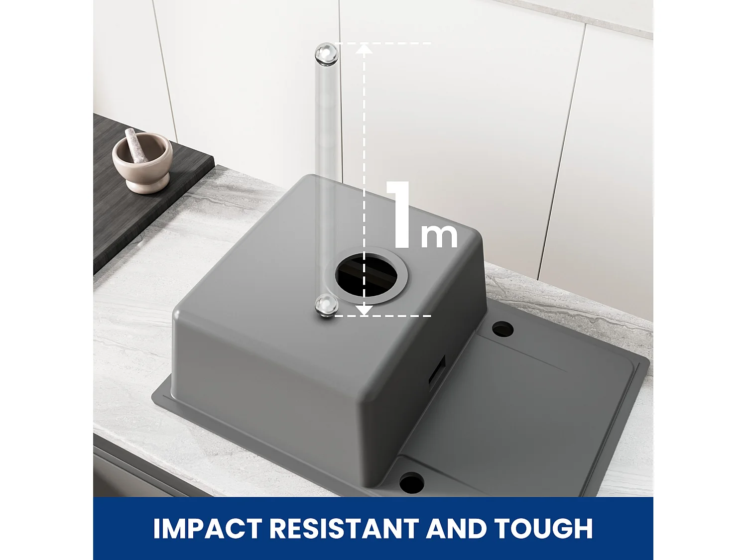 Cecipa max Evier à Encastrer 1 Bac avec Egouttoir, Quartz et Résine, Gris 65x45cm Evier 1 Bac en Quartz Evier de Cuisine en Granit,EU Modèle