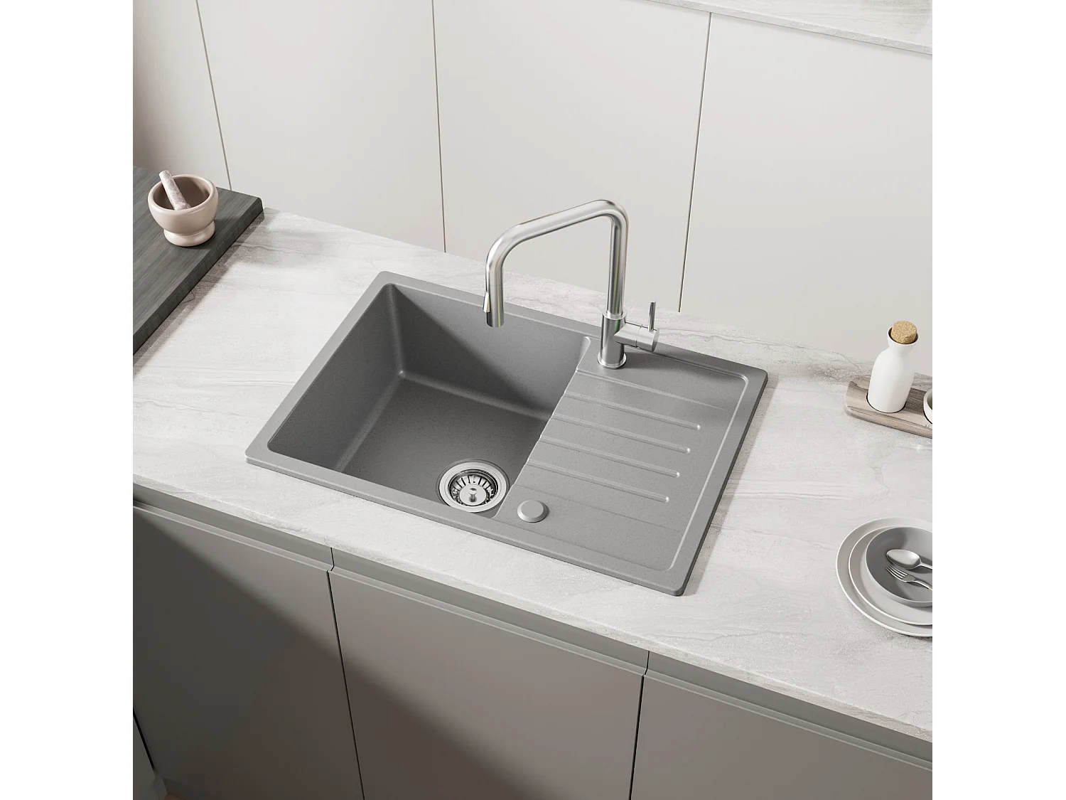 Cecipa max Evier à Encastrer 1 Bac avec Egouttoir, Quartz et Résine, Gris 65x45cm Evier 1 Bac en Quartz Evier de Cuisine en Granit,EU Modèle