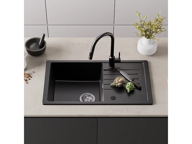 Lavello da Cucina Cecipa max 1 Vasca in Quarzo e Resina - Lavello da Incasso con Gocciolatoio - 78x45 cm Lavello da Cucina a 1 Vasca in Granito Nero, Modello UE