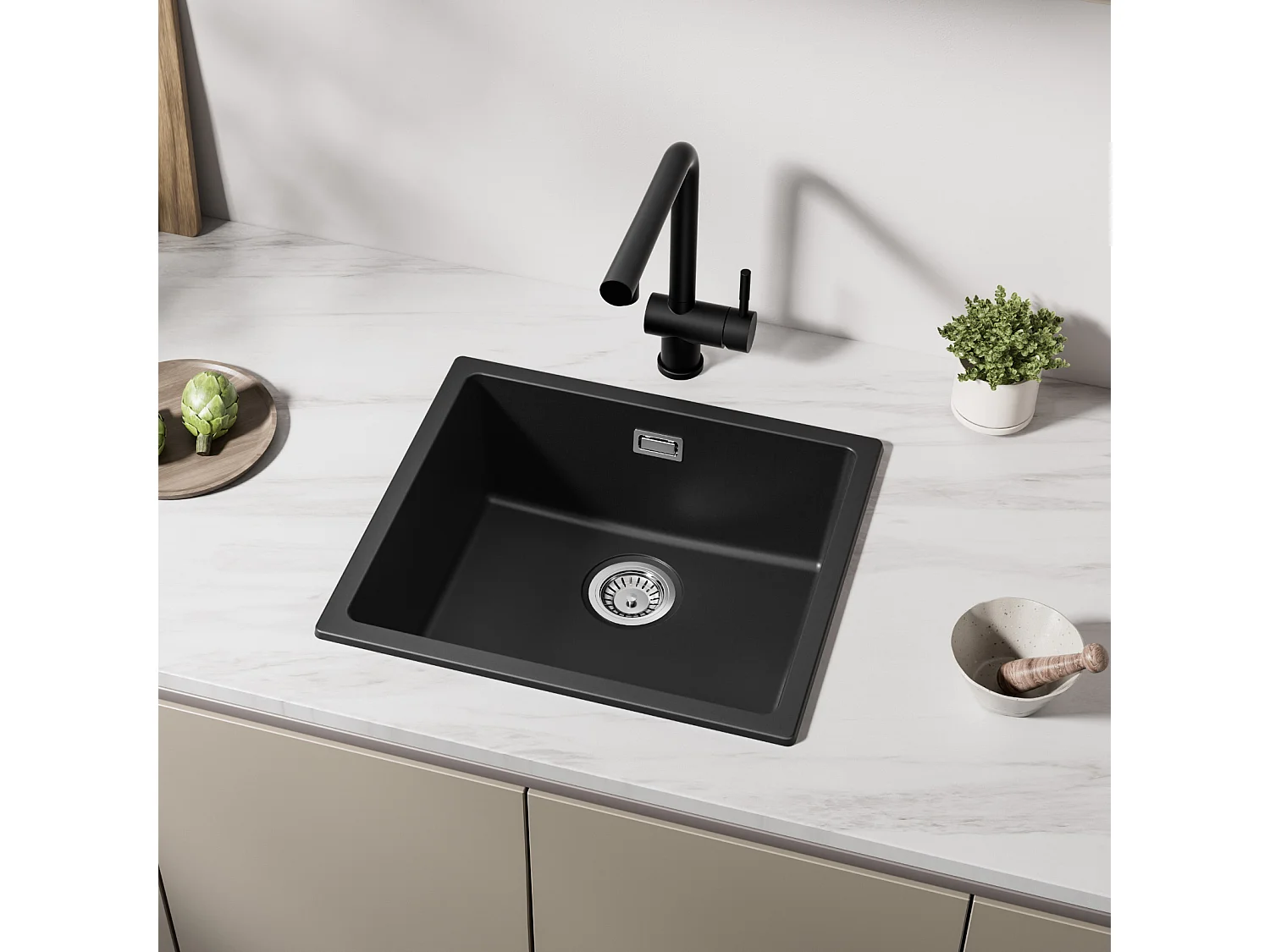 Evier en Quartz et Résine CECIPA MAX Evier de Cuisine Noir Gris 50x44cm, Evier 1 Bac à Poser/à Encastrer/Sous-plan