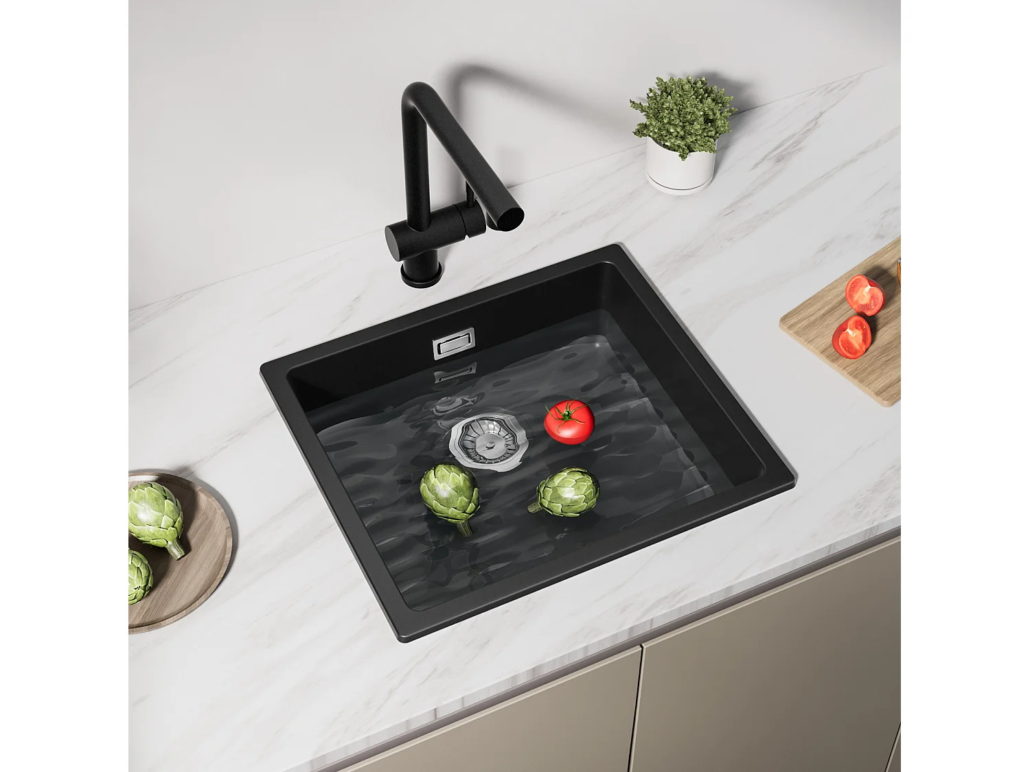 Evier en Quartz et Résine CECIPA MAX Evier de Cuisine Noir Gris 50x44cm, Evier 1 Bac à Poser/à Encastrer/Sous-plan