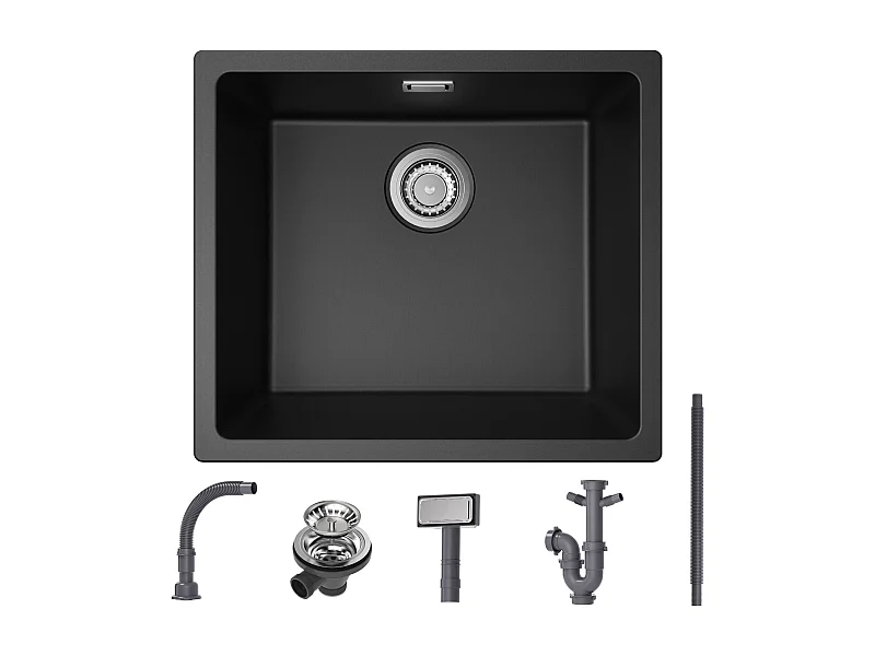 Evier en Quartz et Résine CECIPA MAX Evier de Cuisine Noir Gris 50x44cm, Evier 1 Bac à Poser/à Encastrer/Sous-plan