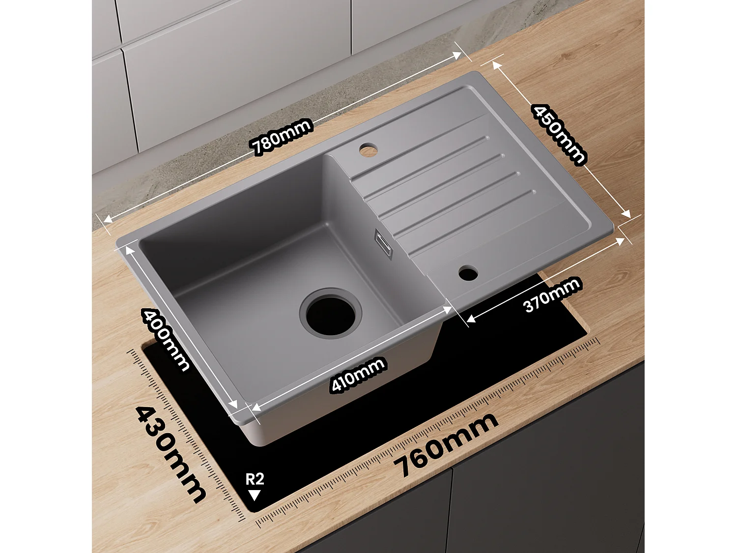 Cecipa max Evier de Cuisine avec Egouttoir Evier 1 Bac en Quartz et Résine 78x45cm Evier Cuisine en Granit Gris!!!,EU Modèle
