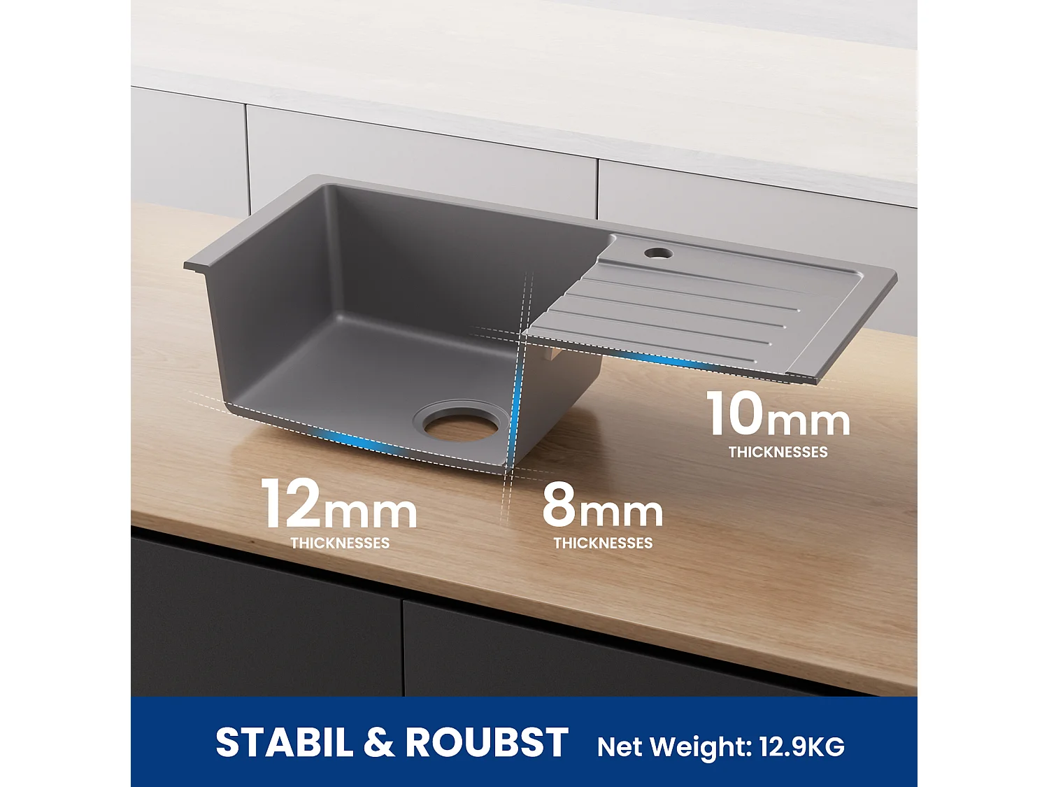 Cecipa max Evier de Cuisine avec Egouttoir Evier 1 Bac en Quartz et Résine 78x45cm Evier Cuisine en Granit Gris!!!,EU Modèle